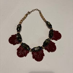 Vintage J. Crew Statement Necklace Red Leaf Acrylic Green Crystal Gold Bib